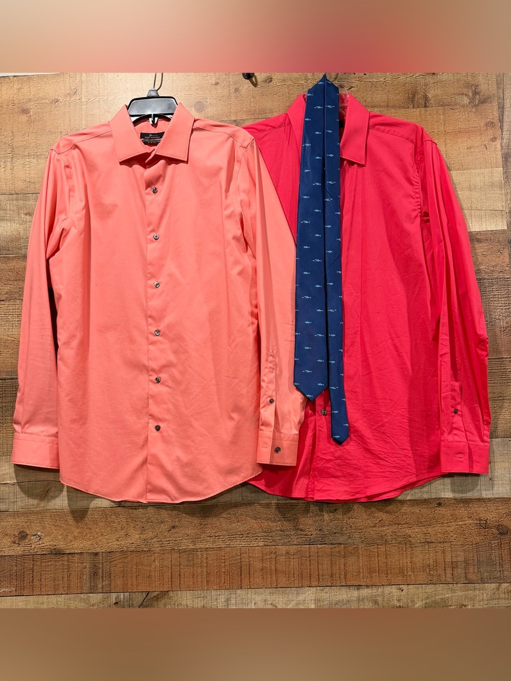 Bundle- 2 Dress Shirts With Shark Tie Long Sleeve Coral Size 15.5 Slim Fit 34/35
